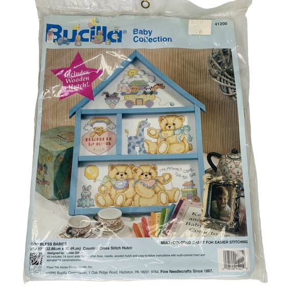 BUCILLA Baby Collection God Bless Babies Bear Cross Stitch Kit Hutch 9 x 12 New - Picture 1 of 11